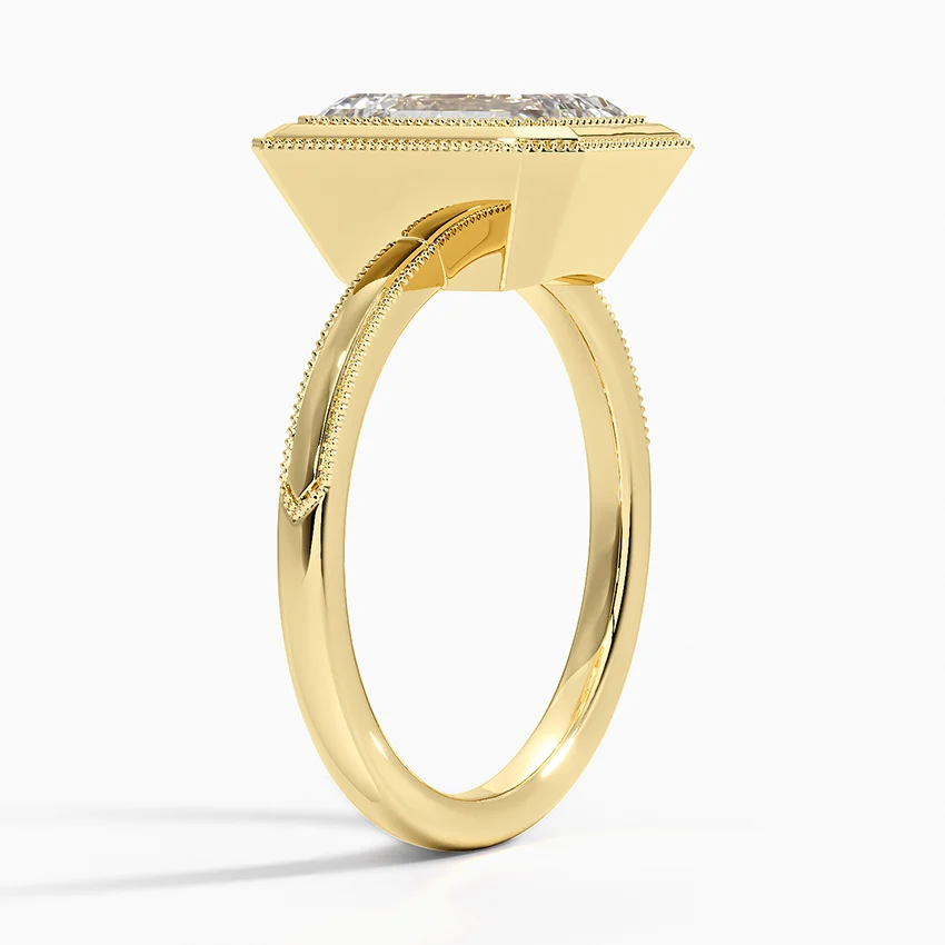 Emerald Cut Diamond Bezel Engagement Ring, Double Halo Milgrain Setting, Split Shank Solitaire Ring