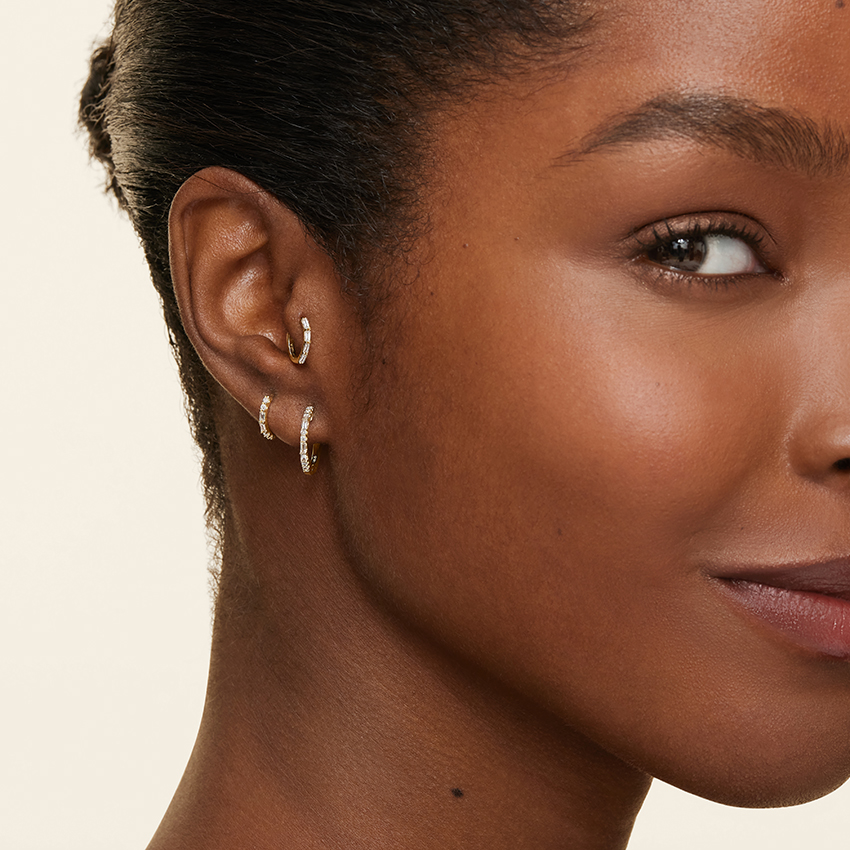 Diamond Baguette Huggie Earrings, Hoop Earrings, Minimalist Diamond Hoops