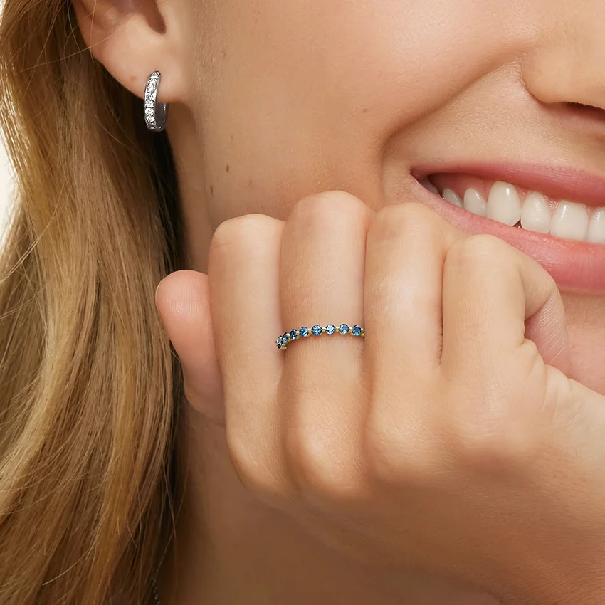 Blue Diamond Eternity Band Ring, Minimalist Stackable Wedding Band, Round Cut Blue Stone Ring