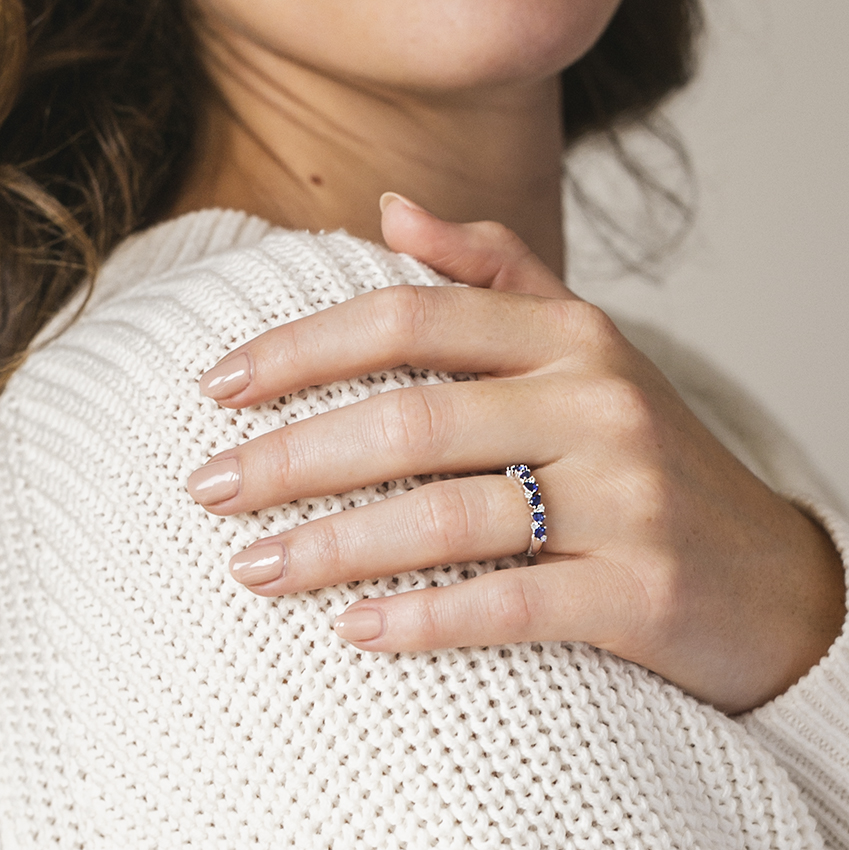Blue Sapphire & Diamond Half Eternity Ring, Pear Cut Sapphire Wedding Band, Anniversary Gift Ring