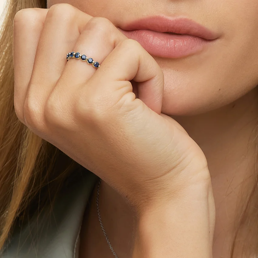 Blue Sapphire Diamond Eternity Band Ring, Round Cut Blue Gemstone Wedding Band, Anniversary Gift for Her