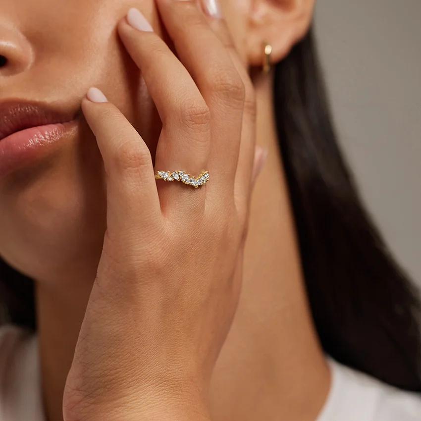 Diamond Chevron V-Shaped Wedding Band Ring, Curved Stackable Diamond Ring, Minimalist Bridal Band