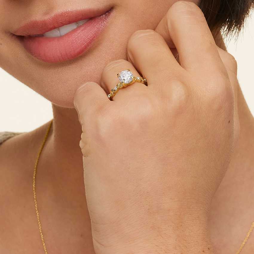 Round Cut Diamond Engagement Ring, Nature Inspired Leaf Band Ring, Floral Vine Gold Ring