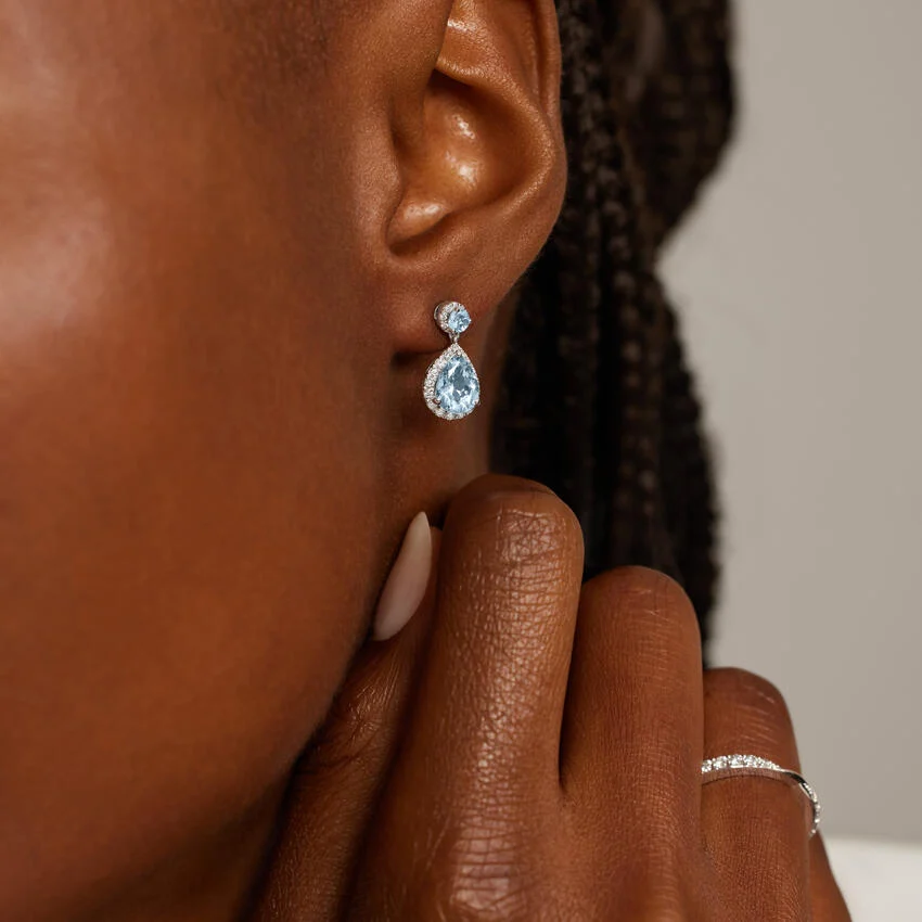 Aquamarine Drop Earrings, Pear Cut Aquamarine Halo Earrings, Diamond Dangle Earrings
