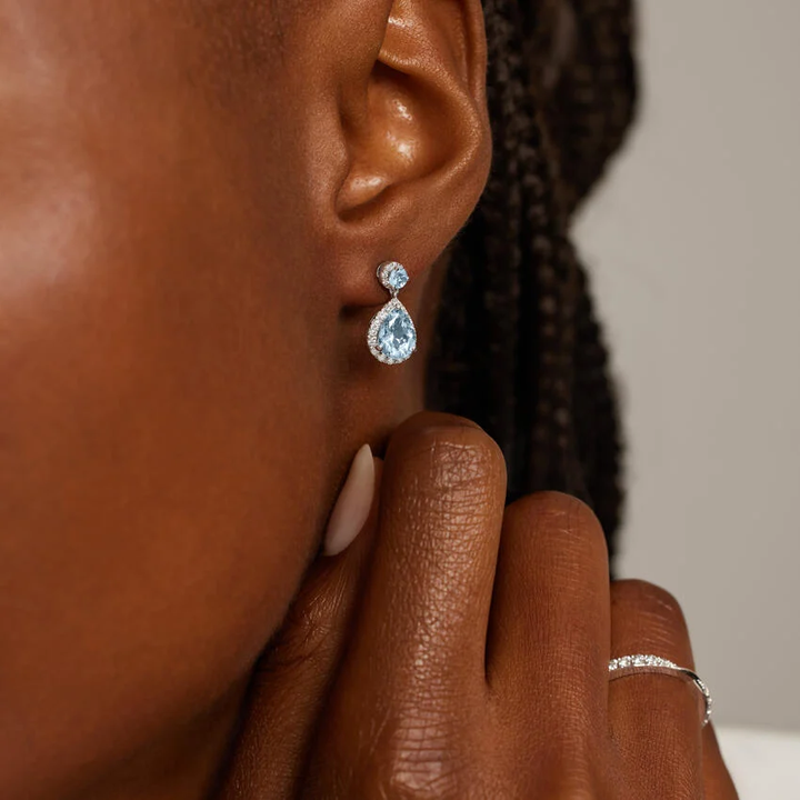 Aquamarine Drop Earrings, Pear Cut Aquamarine Halo Earrings, Diamond Dangle Earrings
