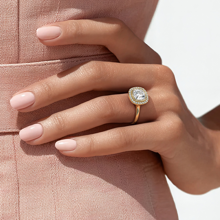 Round Brilliant Cut Diamond Halo Engagement Ring, Classic Bezel Halo Ring, Bridal Promise Ring