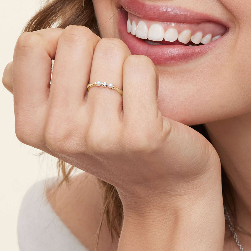 Minimal Diamond & Pearl Ring, Dainty Stackable Ring, Elegant Trio Bead Ring
