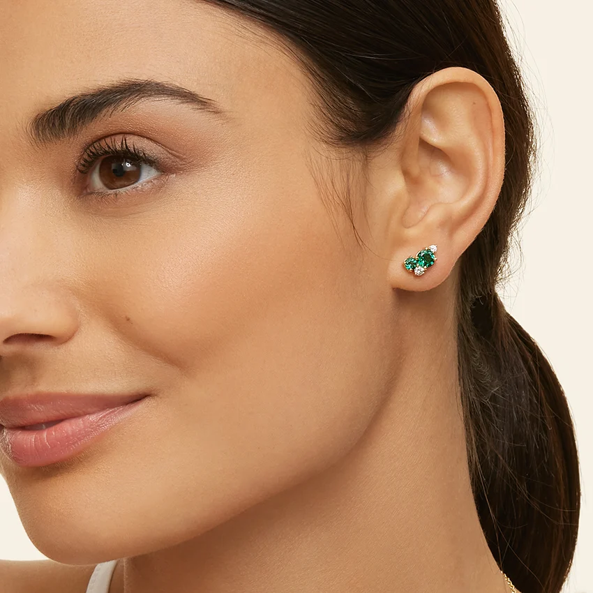 Emerald Green Gemstone & Diamond Cluster Stud Earrings