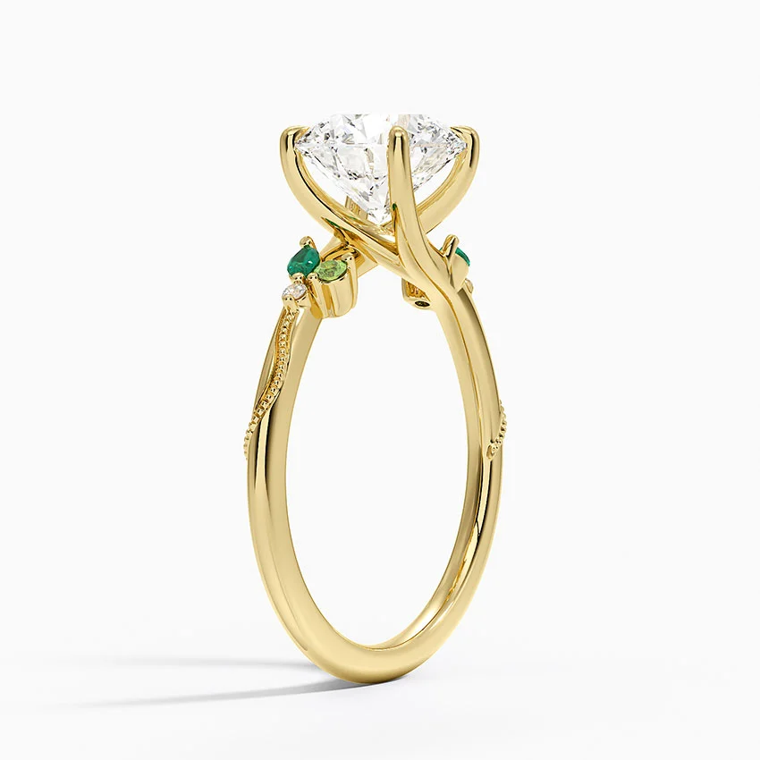 Round Cut Moissanite Engagement Ring with Green Accent Stones, Nature Inspired Leaf Design Ring, Promise Ring for Women