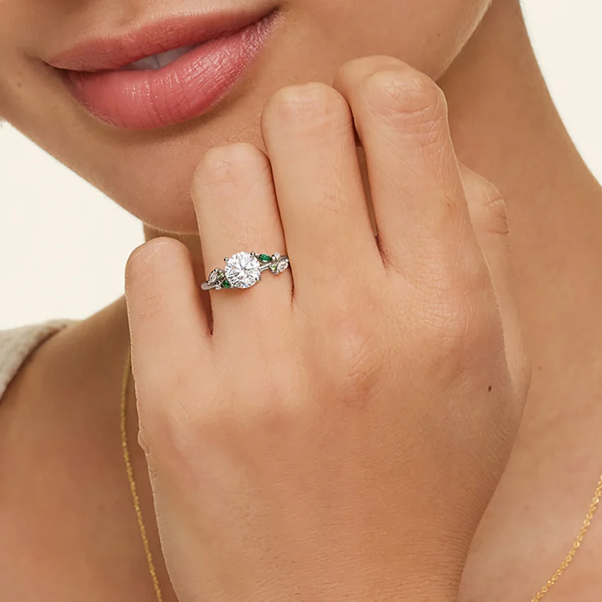 Round Cut Moissanite Engagement Ring with Emerald Leaf Side Stones, Nature Inspired Bridal Ring, Solid Gold Solitaire Ring (Copy)