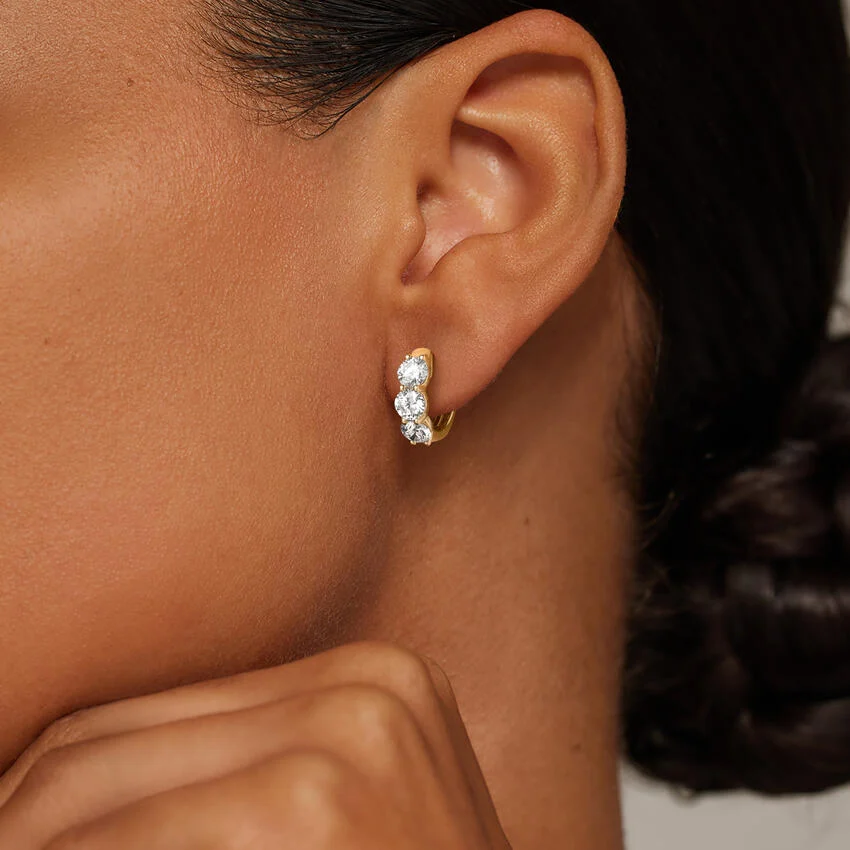 Three-Stone Diamond Huggie Hoop Earrings, Minimalist Everyday Diamond Hoops