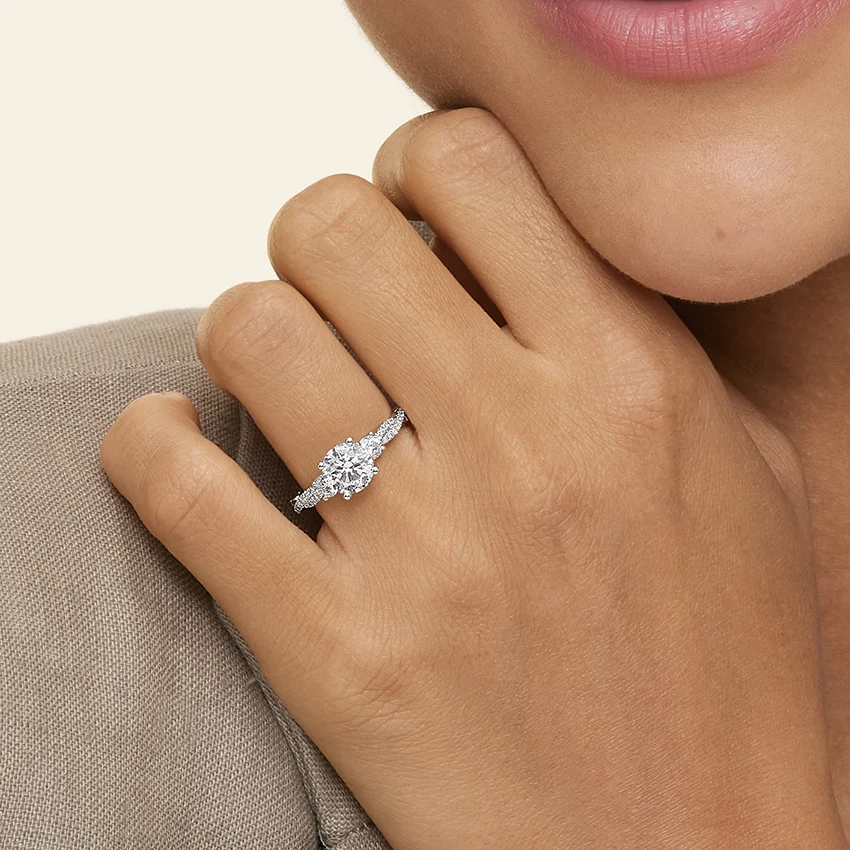Three Stone Round Cut Diamond Engagement Ring, Twisted Pavé Band, Elegant Bridal Ring