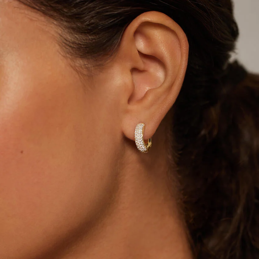 Pavé Diamond Huggie Hoop Earrings, Luxury Micro Pave Diamond Hoops