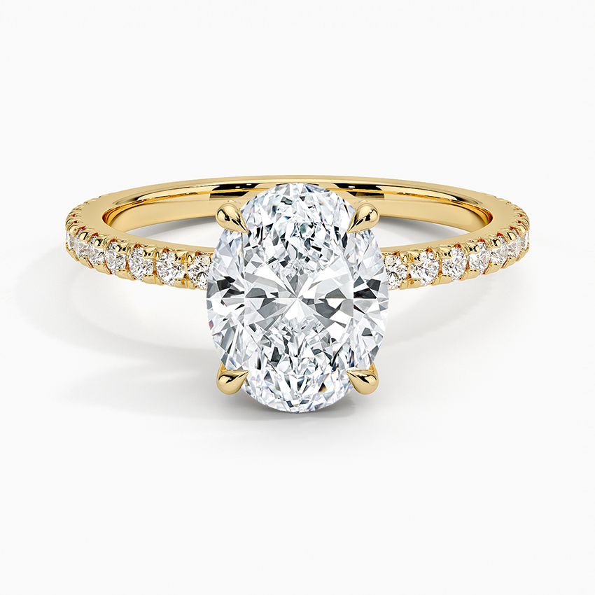 Oval Cut Diamond Engagement Ring with Pavé Band, 4-Prong Solitaire Ring, Minimalist Bridal Ring