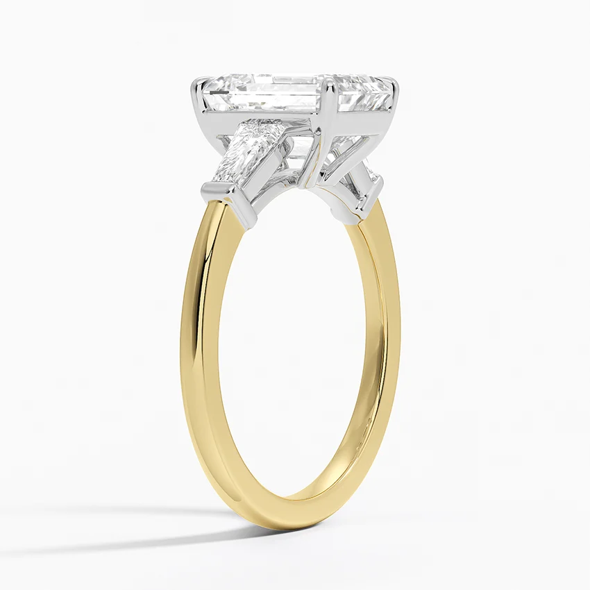 Emerald Cut Diamond Engagement Ring with Trapezoid Side Stones, Two Tone Gold Solitaire Ring