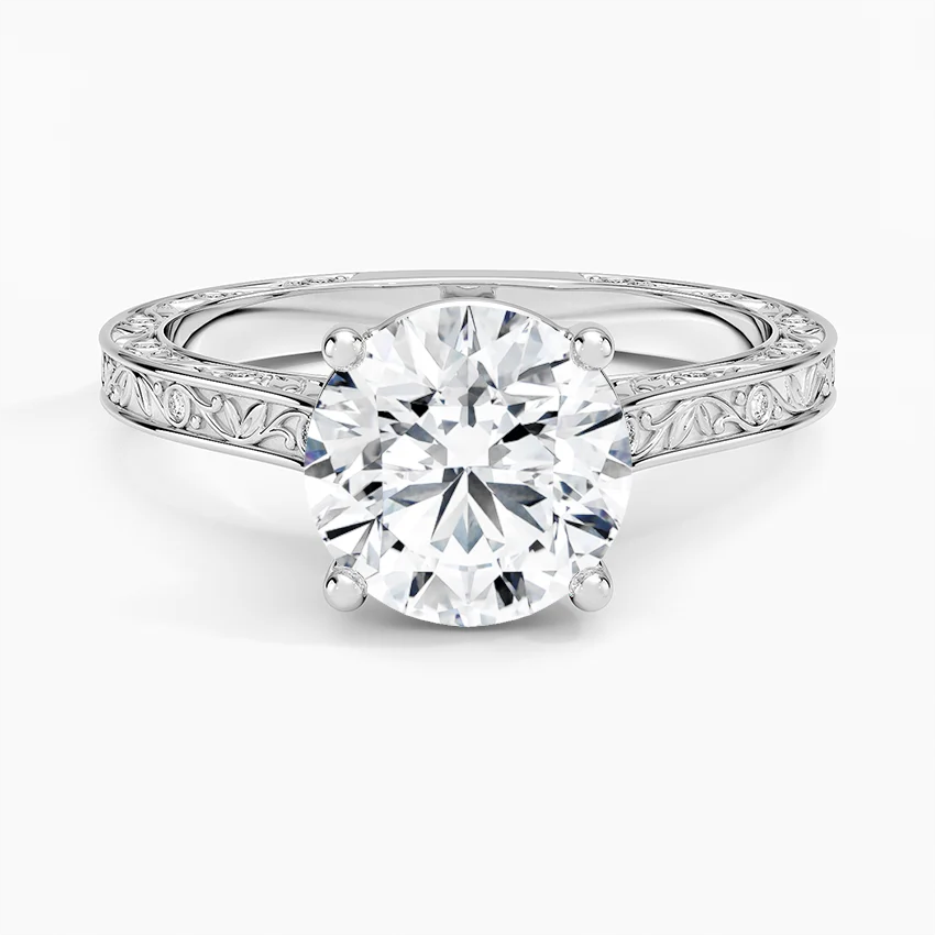 Vintage Floral Engraved Solitaire Moissanite Ring, Round Cut Diamond Ring, Unique Bridal Ring Gift for Her