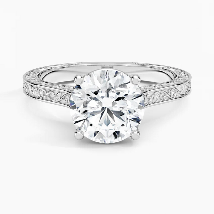 Vintage Floral Engraved Solitaire Moissanite Ring, Round Cut Diamond Ring, Unique Bridal Ring Gift for Her