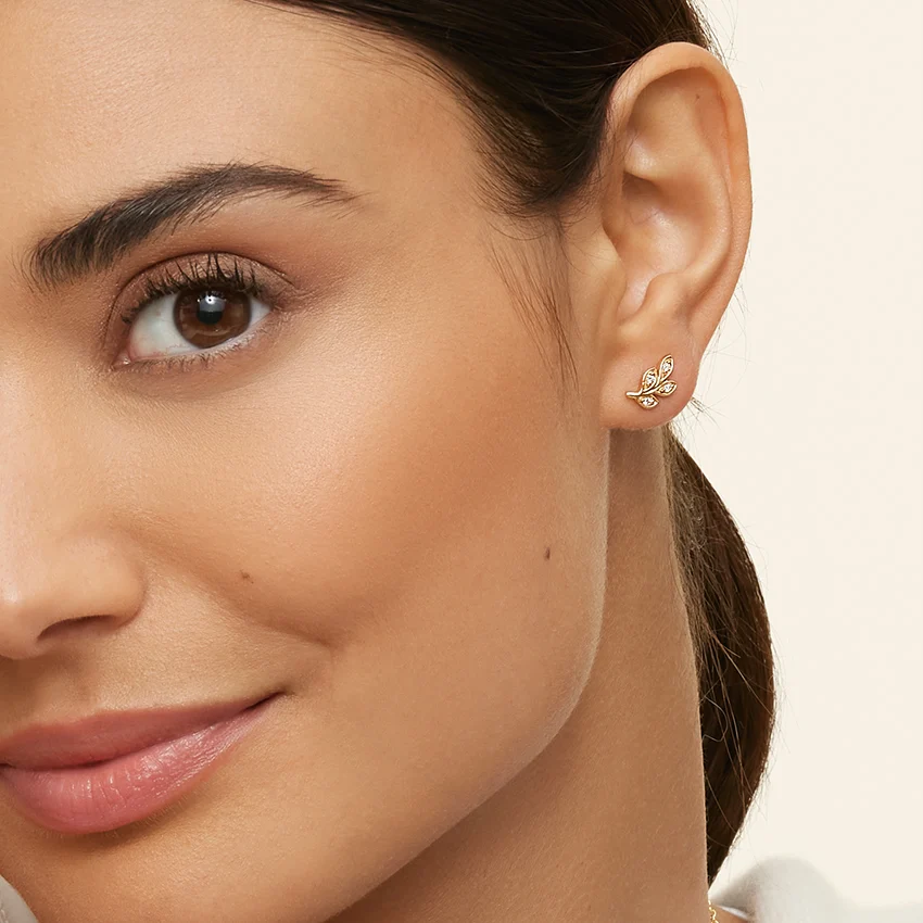 Minimalist Diamond Leaf Stud Earrings, Nature Inspired Gold Leaf Earrings, Dainty Rose Gold Studs