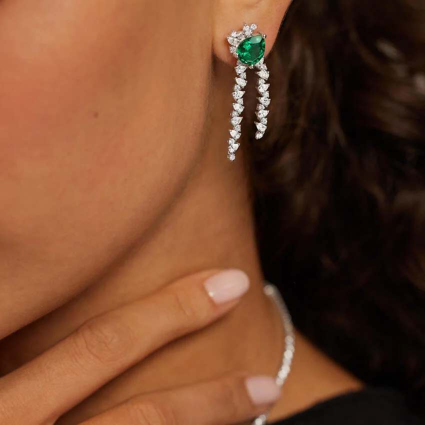 Emerald Green Pear Cut Diamond Tassel Drop Earrings