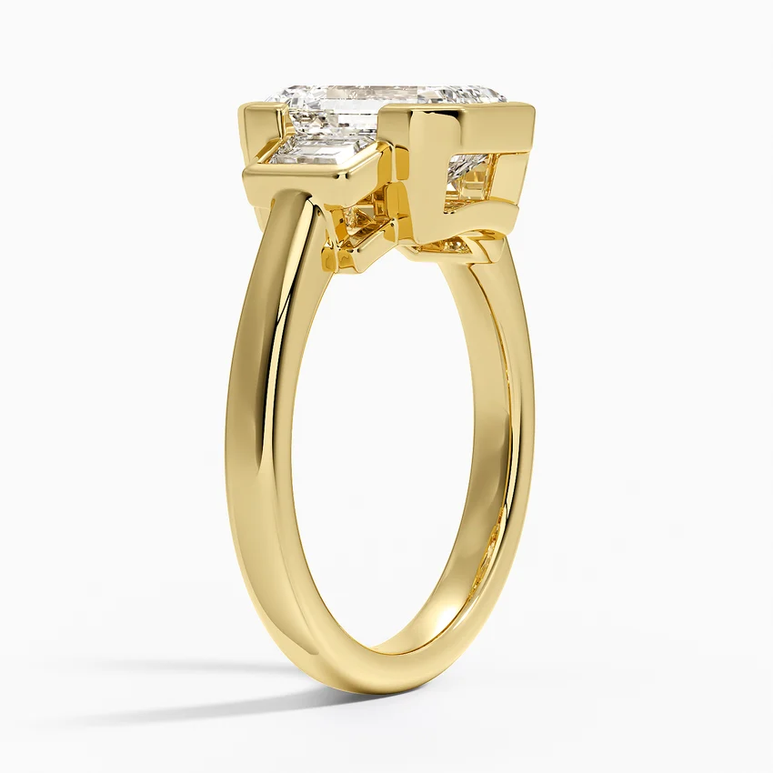 Emerald Cut Diamond Engagement Ring, Three Stone Bezel Set Ring, Minimalist Luxury Bridal Ring