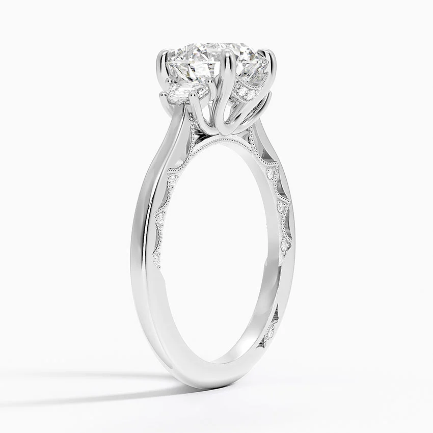 Round Cut Three-Stone Diamond Engagement Ring, Cushion Side Stones