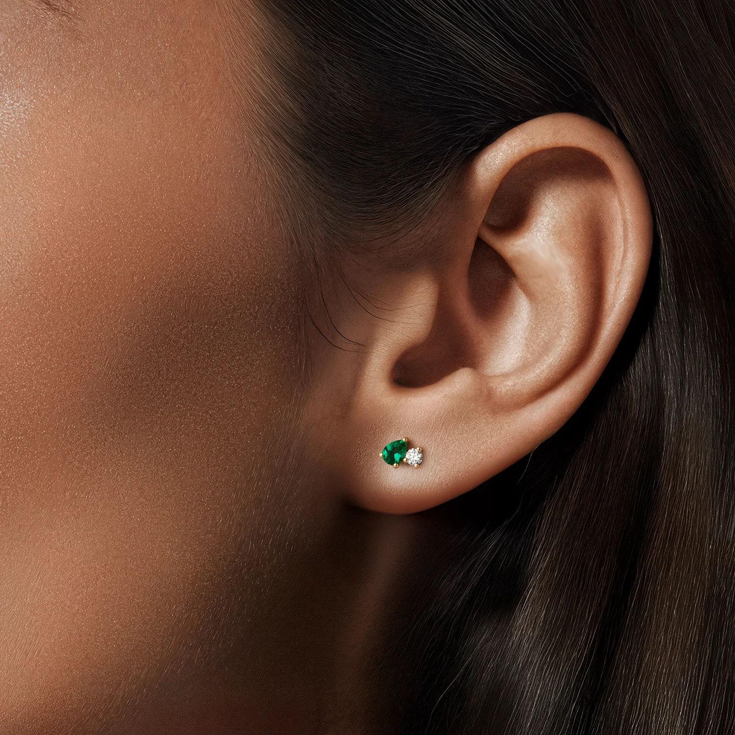 Emerald & Diamond Teardrop Stud Earrings, Pear Cut Green Gemstone Minimal Earrings