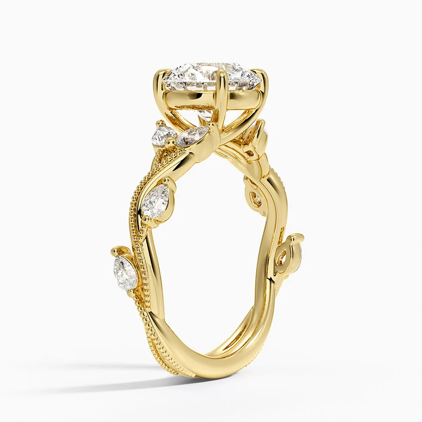 Round Cut Moissanite Engagement Ring, Twisted Pavé Diamond Band, Vintage Inspired Bridal Ring