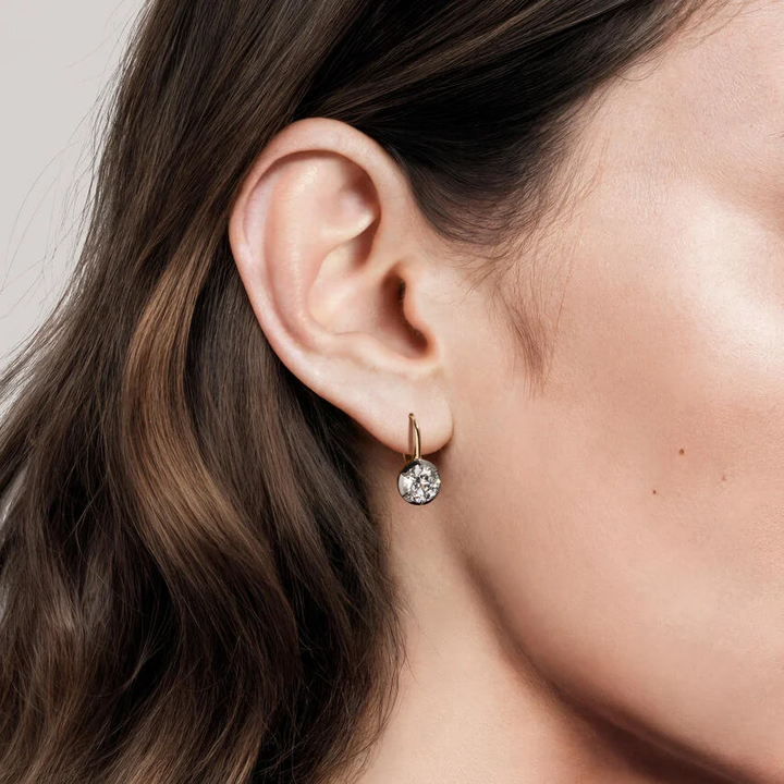 Round Cut Diamond Leverback Earrings, Two Tone Gold Drop Earrings, Minimalist Diamond Dangle Earrings