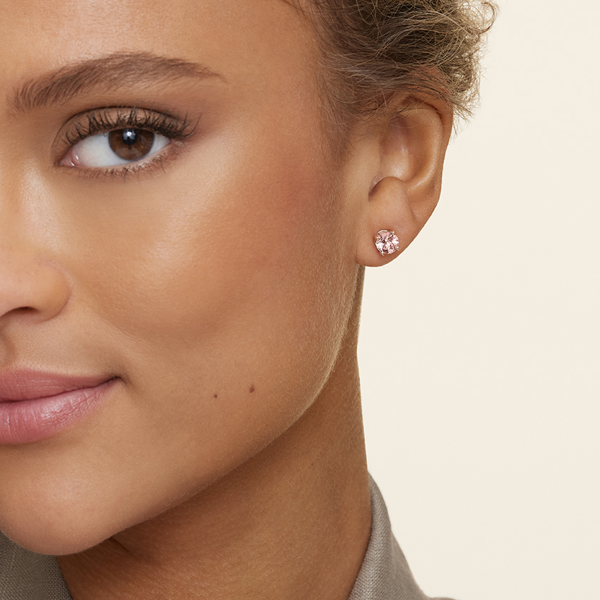 Morganite Stud Earrings Rose Gold, Round Morganite Earrings, Minimalist Pink Gemstone Studs