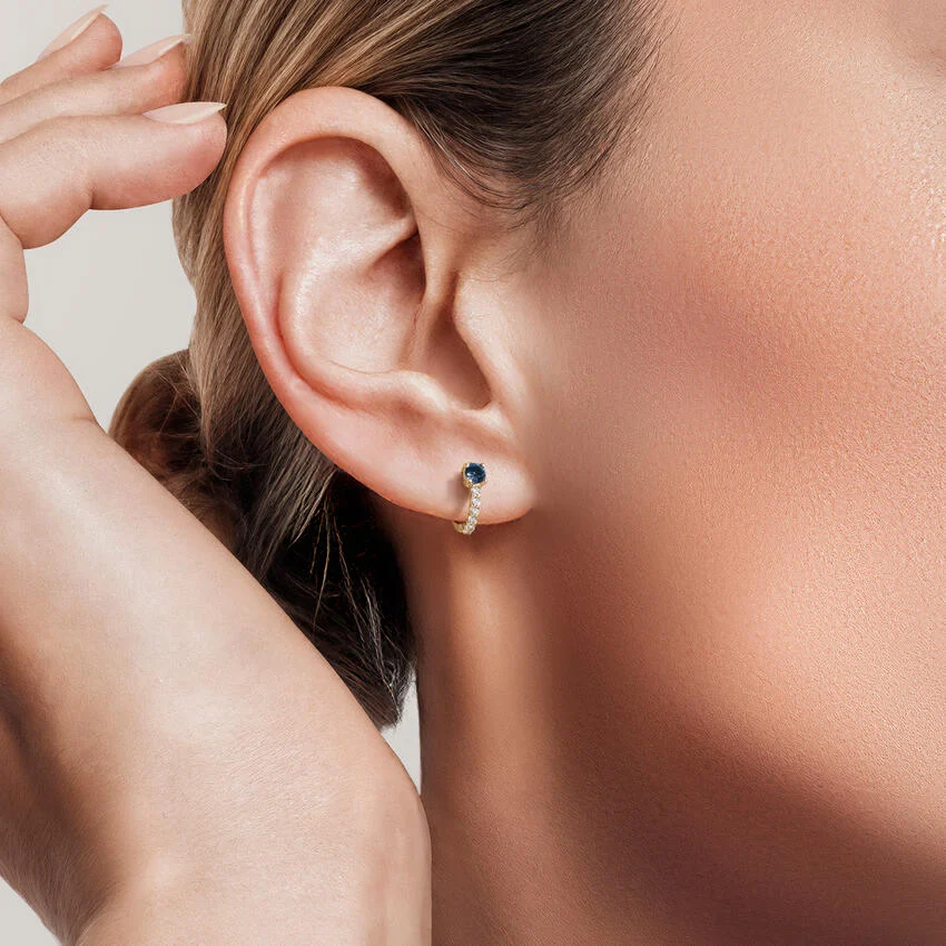 Blue Sapphire Diamond Huggie Hoop Earrings, Sapphire Hoops, September Birthstone Earrings