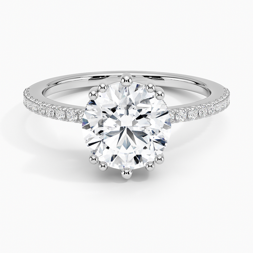 Round Cut Diamond Engagement Ring, Pavé Band Solitaire Ring, Minimalist Bridal Ring