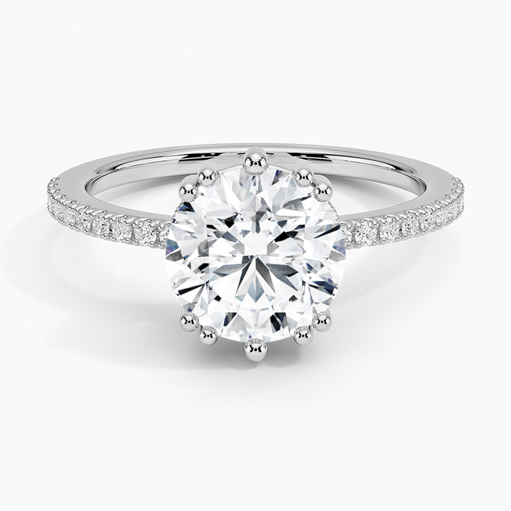 Round Cut Diamond Engagement Ring, Pavé Band Solitaire Ring, Minimalist Bridal Ring