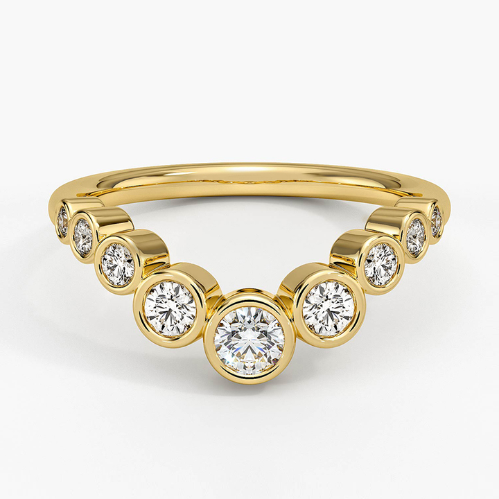 Curved Bezel Set Diamond Ring, Minimalist Wedding Band, V Shape Diamond Ring