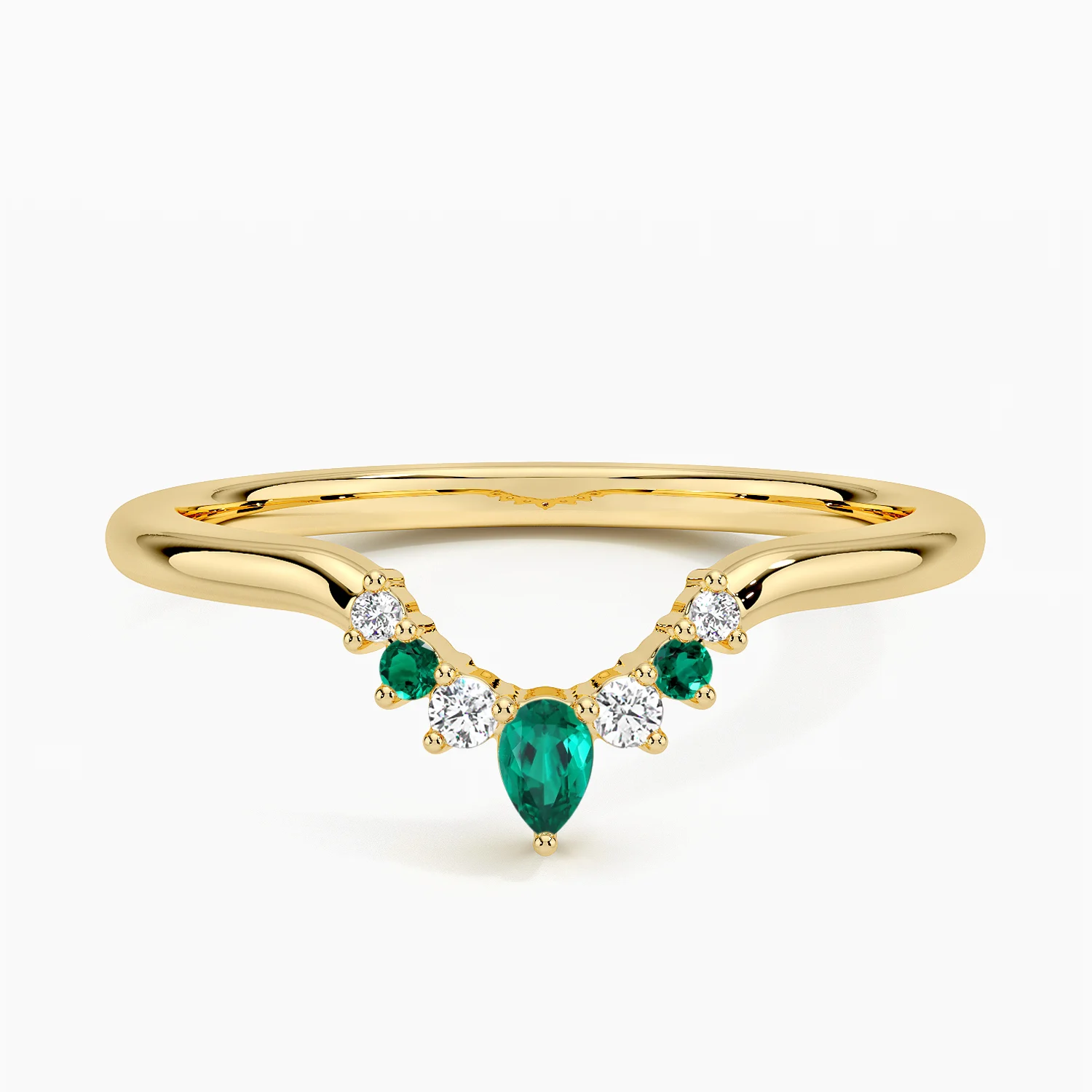 Emerald & Diamond Curved V Band Ring, Pear Emerald Chevron Wedding Band, Contour Stacking Ring