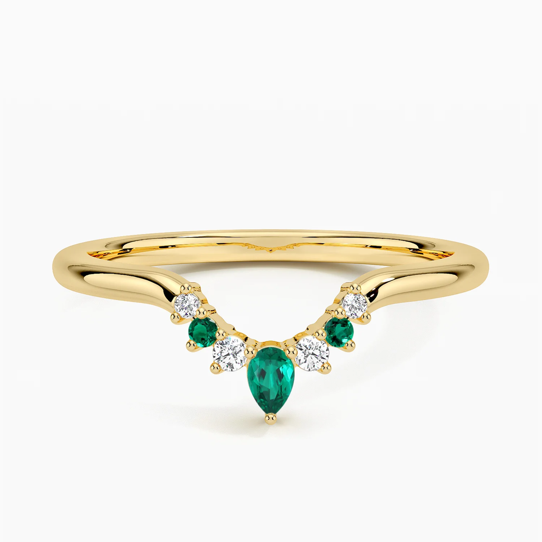 Emerald & Diamond Curved V Band Ring, Pear Emerald Chevron Wedding Band, Contour Stacking Ring
