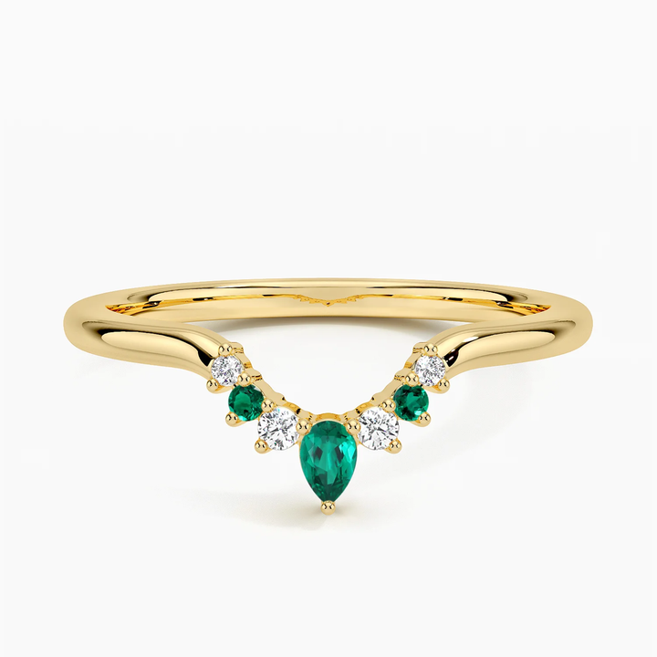 Emerald & Diamond Curved V Band Ring, Pear Emerald Chevron Wedding Band, Contour Stacking Ring