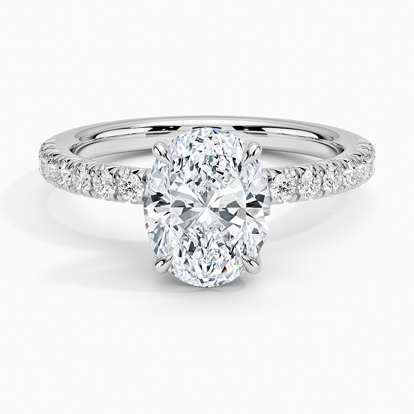 Oval Cut Diamond Engagement Ring, Hidden Halo Pave Band Ring, Oval Solitaire Bridal Ring