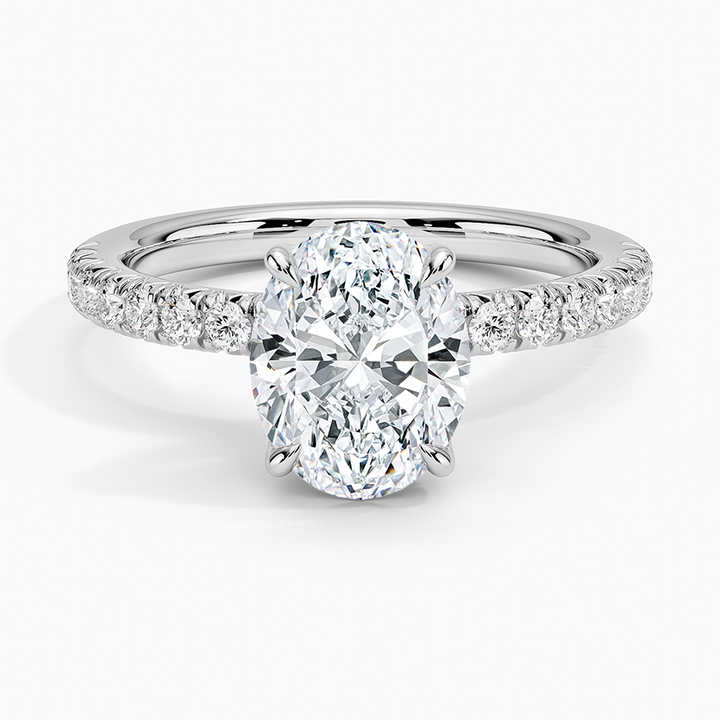 Oval Cut Diamond Engagement Ring, Hidden Halo Pave Band Ring, Oval Solitaire Bridal Ring