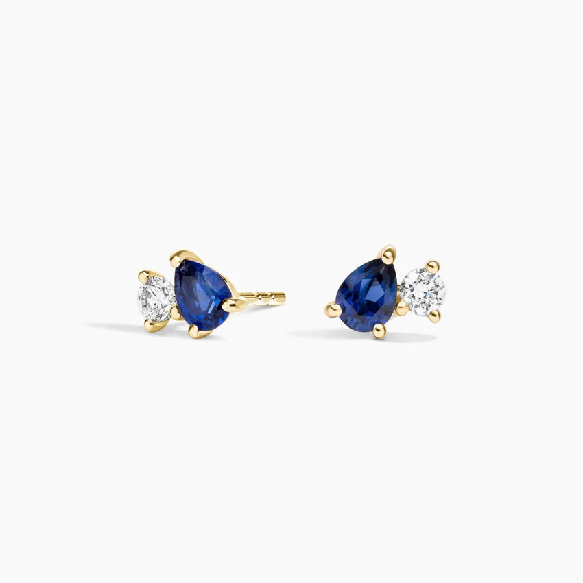 Pear Cut Blue Sapphire & Diamond Stud Earrings, Sapphire Earrings, Minimalist September Birthstone Earrings