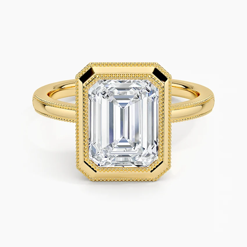 Emerald Cut Diamond Bezel Engagement Ring, Double Halo Milgrain Setting, Split Shank Solitaire Ring