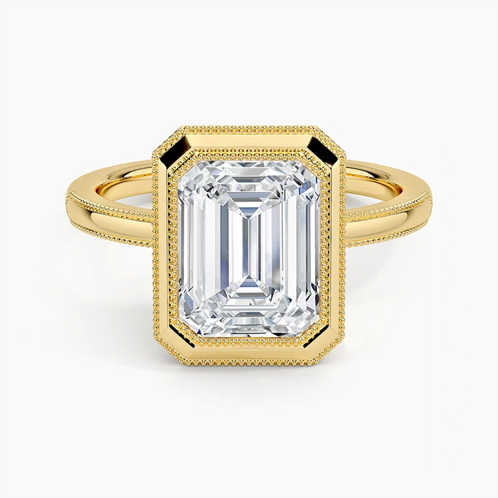 Emerald Cut Diamond Bezel Engagement Ring, Double Halo Milgrain Setting, Split Shank Solitaire Ring