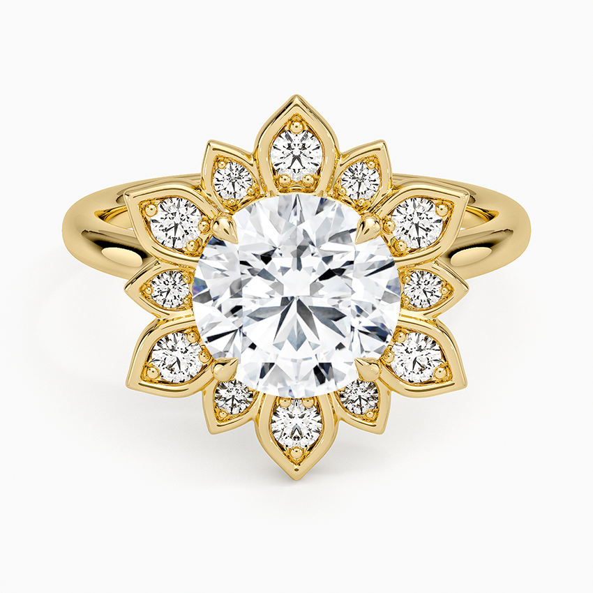 Floral Halo Moissanite Engagement Ring, Round Cut Center Stone, Vintage Flower Diamond Ring