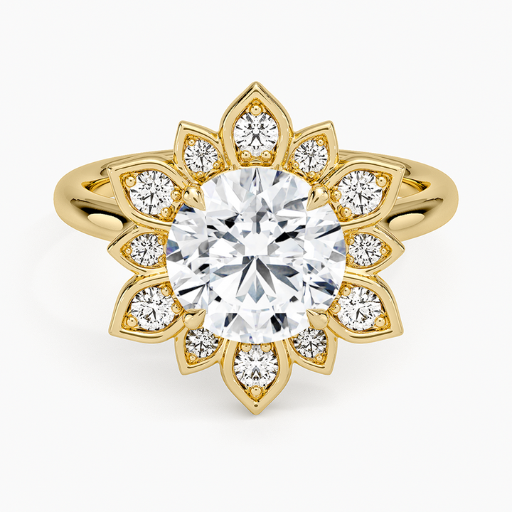 Floral Halo Moissanite Engagement Ring, Round Cut Center Stone, Vintage Flower Diamond Ring