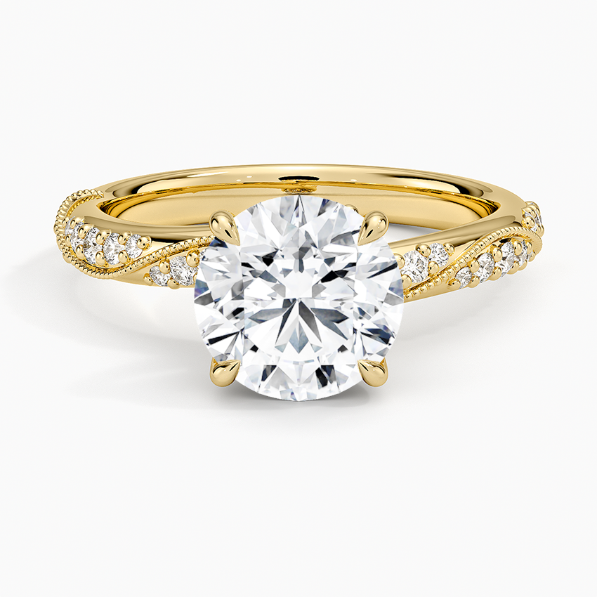 Twisted Vine Moissanite Engagement Ring, Round Cut Solitaire Diamond Ring, Vintage Inspired Pave Band