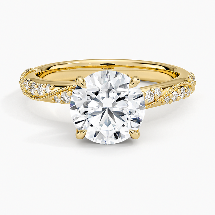 Twisted Vine Moissanite Engagement Ring, Round Cut Solitaire Diamond Ring, Vintage Inspired Pave Band