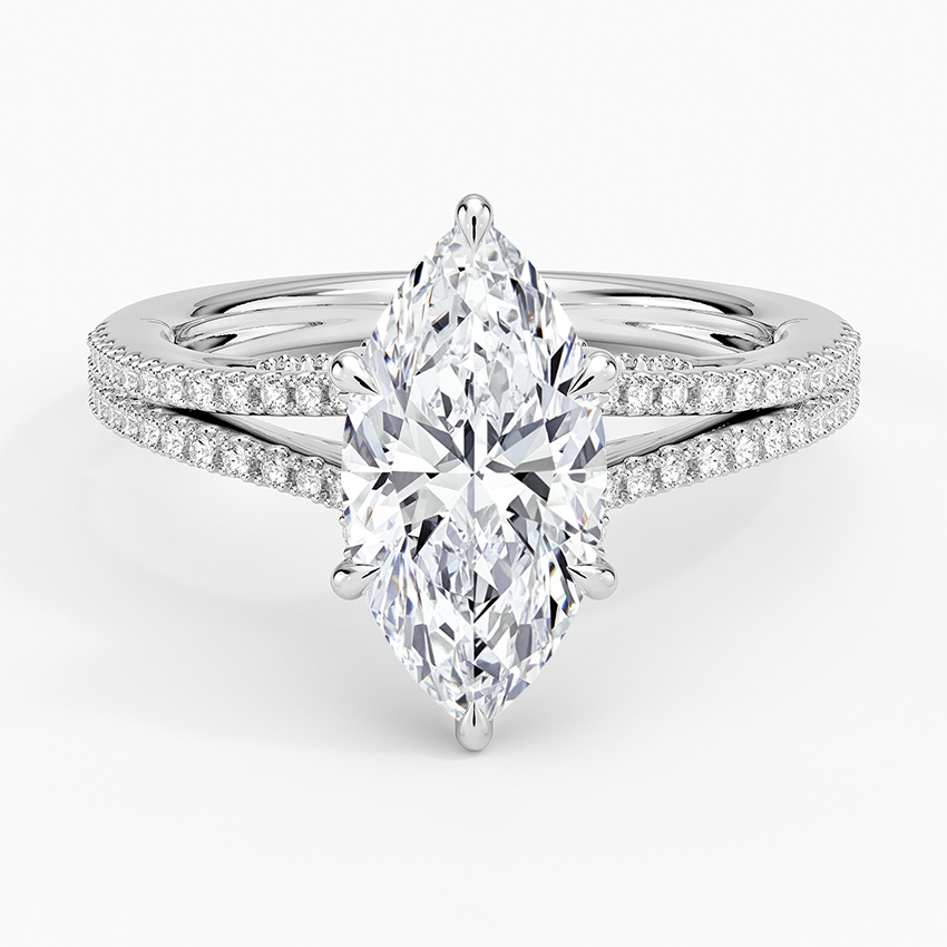 Marquise Cut Moissanite Engagement Ring, Split Shank Pave Diamond Ring, Unique Solitaire Promise Ring