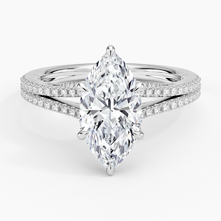 Marquise Cut Moissanite Engagement Ring, Split Shank Pave Diamond Ring, Unique Solitaire Promise Ring