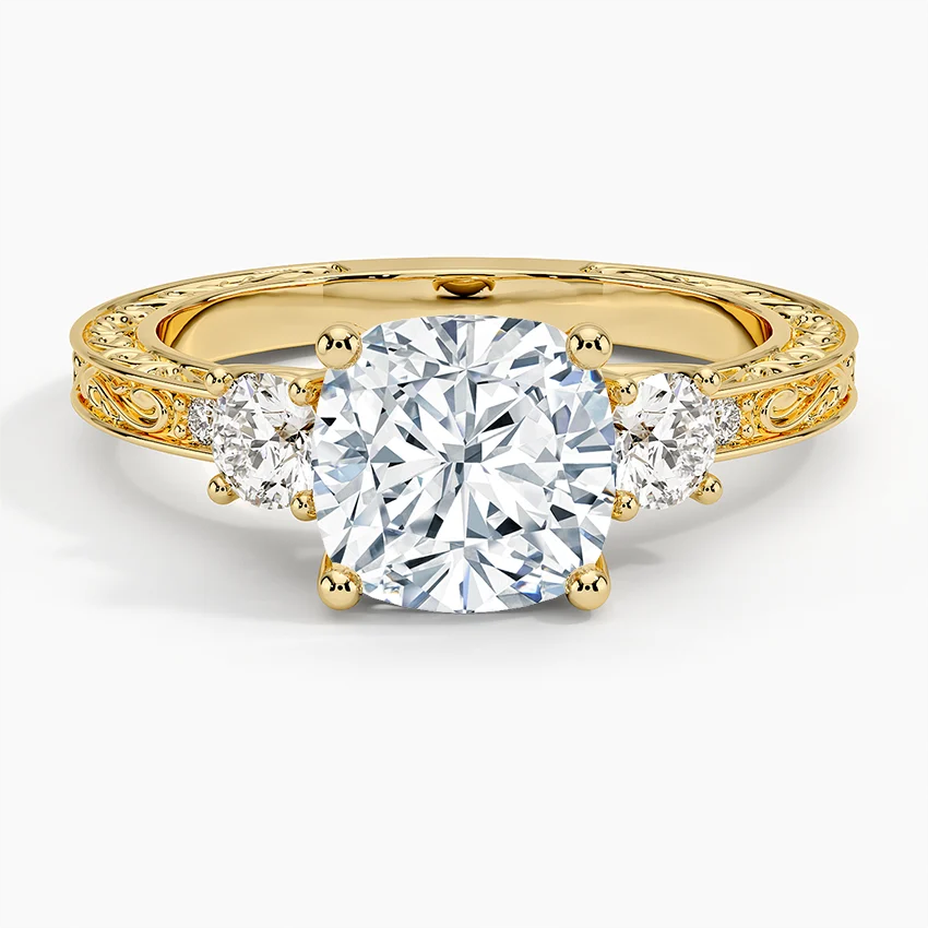 Vintage Three Stone Diamond Engagement Ring, Round Cut Center Diamond Ring, Floral Engraved Band