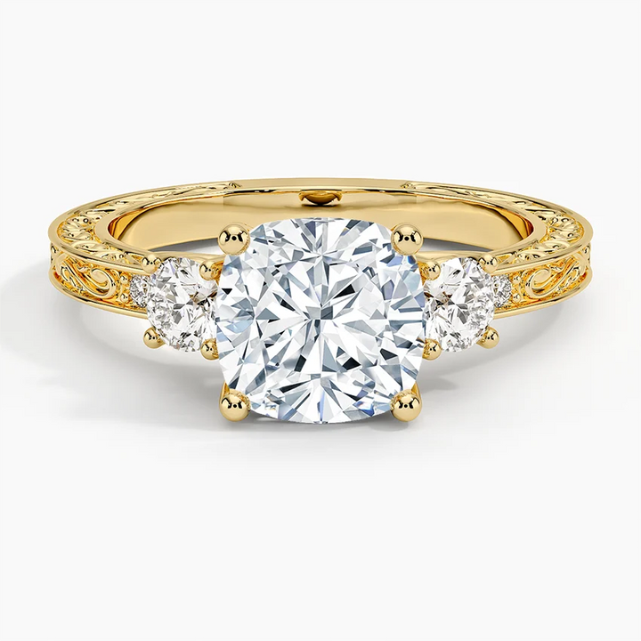 Vintage Three Stone Diamond Engagement Ring, Round Cut Center Diamond Ring, Floral Engraved Band