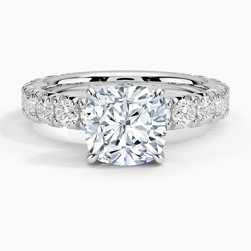 Cushion Cut Diamond Engagement Ring, Pave Diamond Band Ring, Solid Gold Promise Ring
